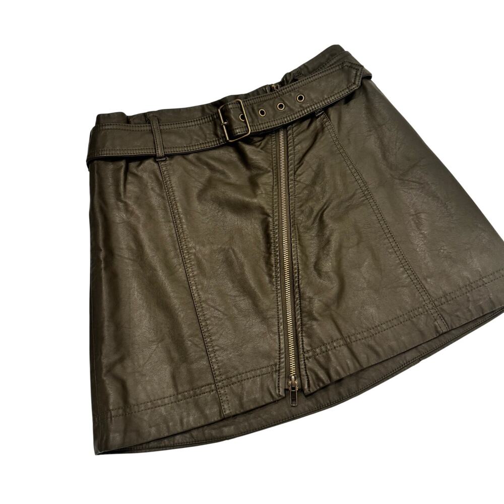 Free People Feelin Fresh Vegan Leather Mini Skirt Olive Green Moto Belted 8